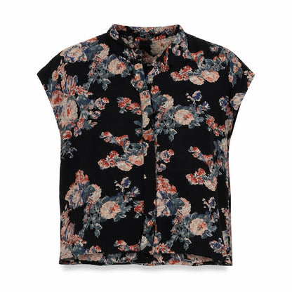 Front view of ASOS women’s black floral viscose basic button-up, size UK 6, collared
