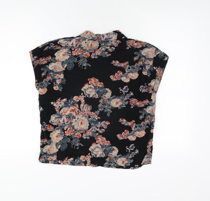 Back view of ASOS women’s black floral viscose basic button-up, size UK 6, collared