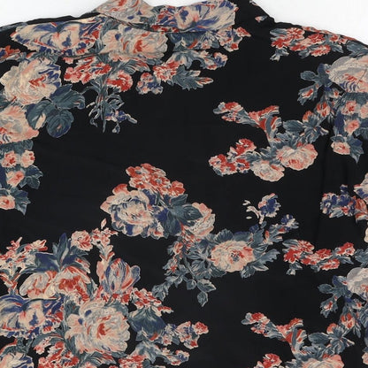 Brand and care label for ASOS women’s black floral viscose basic button-up, size UK 6, collared