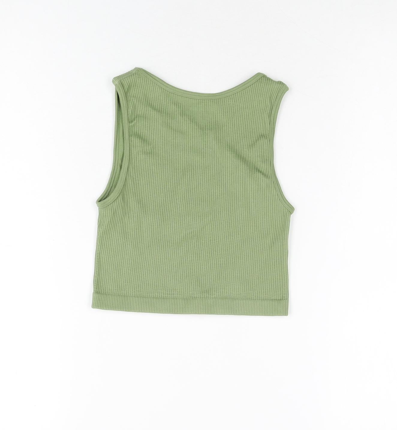 PRETTYLITTLETHING Womens Green Polyester Cropped T-Shirt Size XS Round Neck