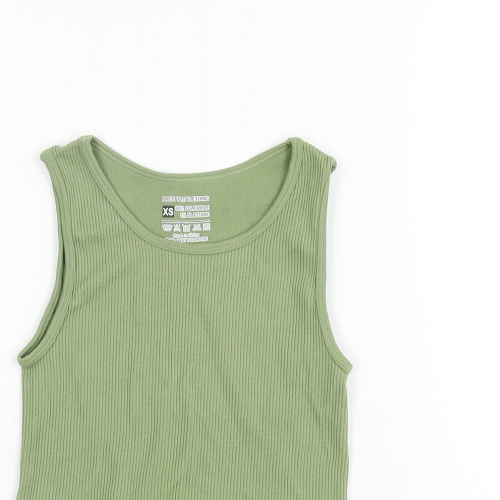 PRETTYLITTLETHING Womens Green Polyester Cropped T-Shirt Size XS Round Neck