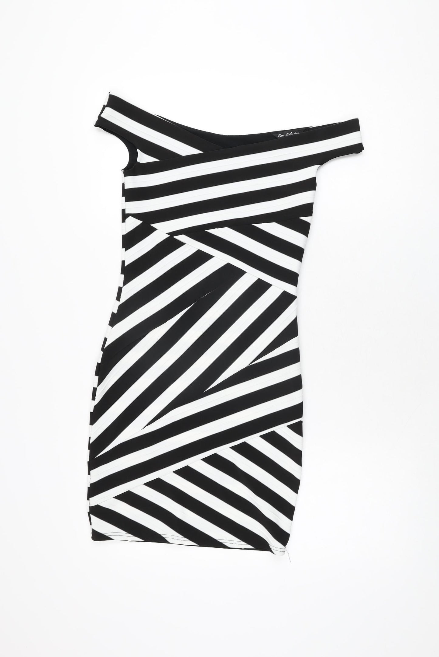 Miss Selfridge Womens Black Striped Polyester Bodycon Size 8 Off the Shoulder Zip