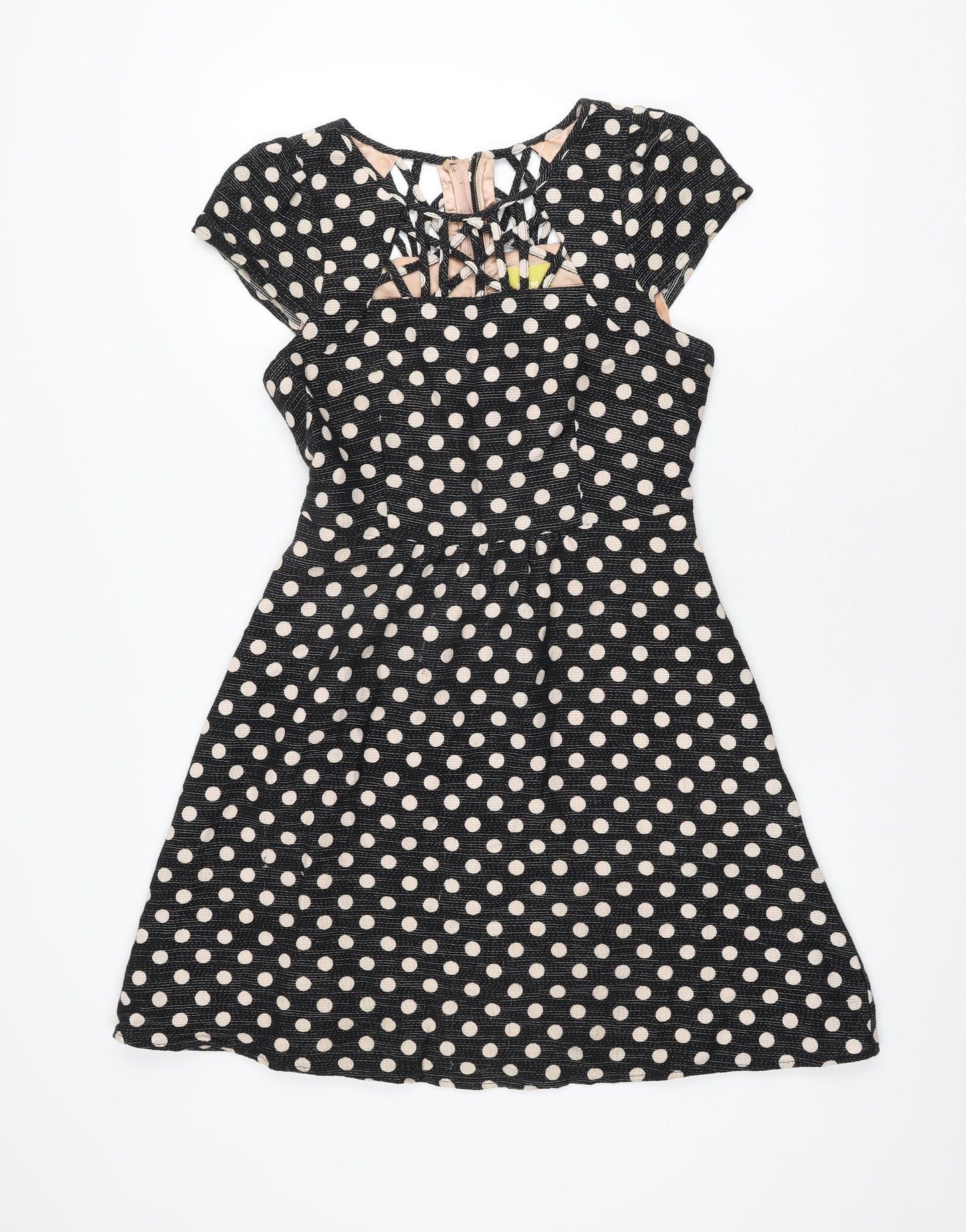 Maeve Womens Black Polka Dot Polyester Skater Dress Size 10 Round Neck Zip