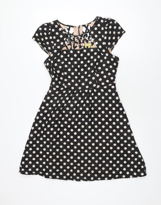 Maeve Womens Black Polka Dot Polyester Skater Dress Size 10 Round Neck Zip