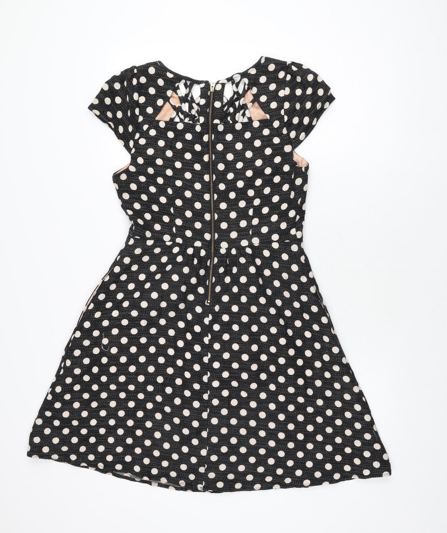 Maeve Womens Black Polka Dot Polyester Skater Dress Size 10 Round Neck Zip