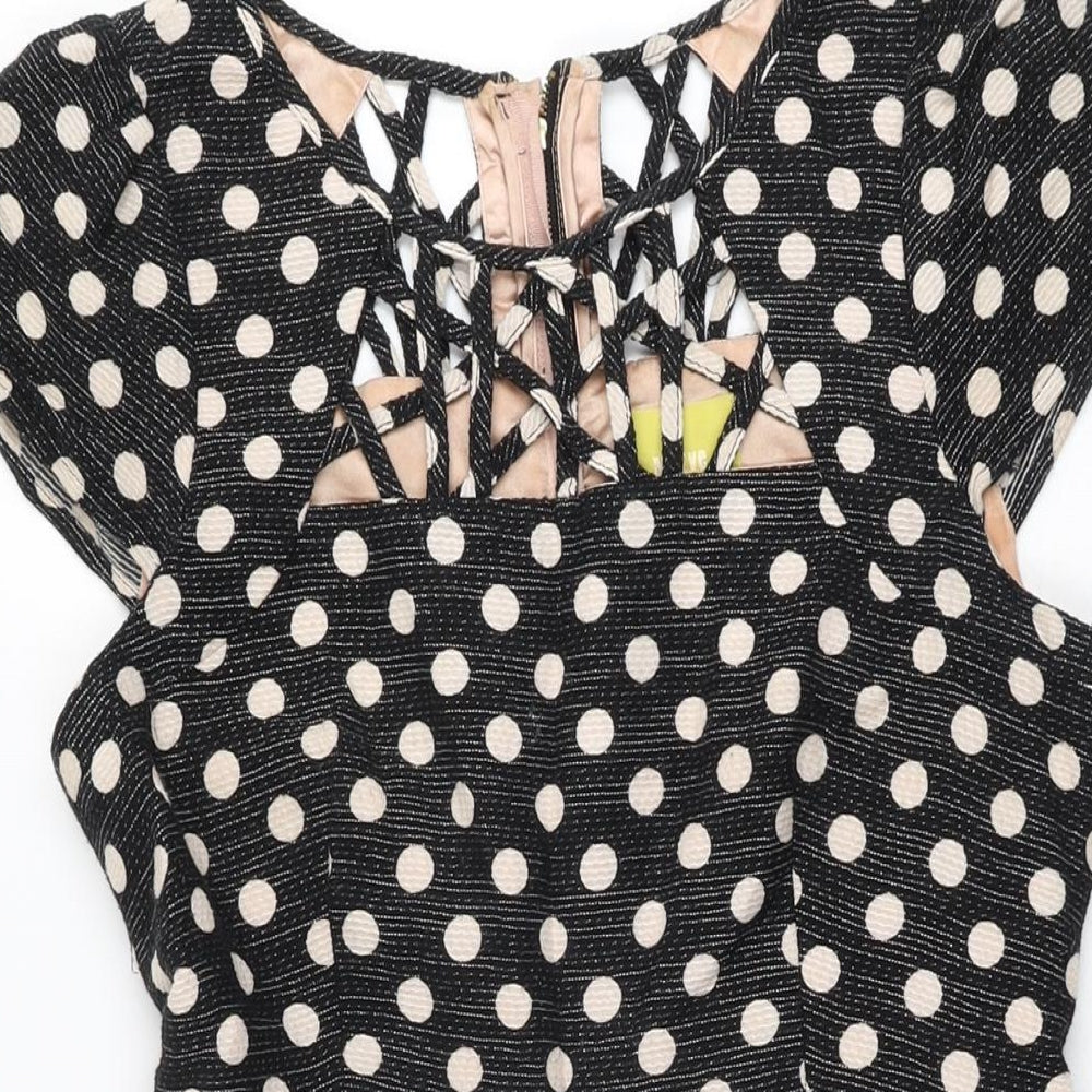 Maeve Womens Black Polka Dot Polyester Skater Dress Size 10 Round Neck Zip