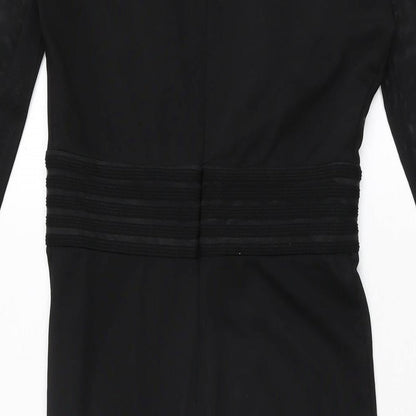 Brand and care label for Missguided women’s black polyester bodycon, size UK 6, v-neck zip