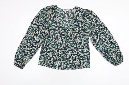 Marks & Spencer Womens Blue Floral Polyester Basic Blouse Size 8 V-Neck