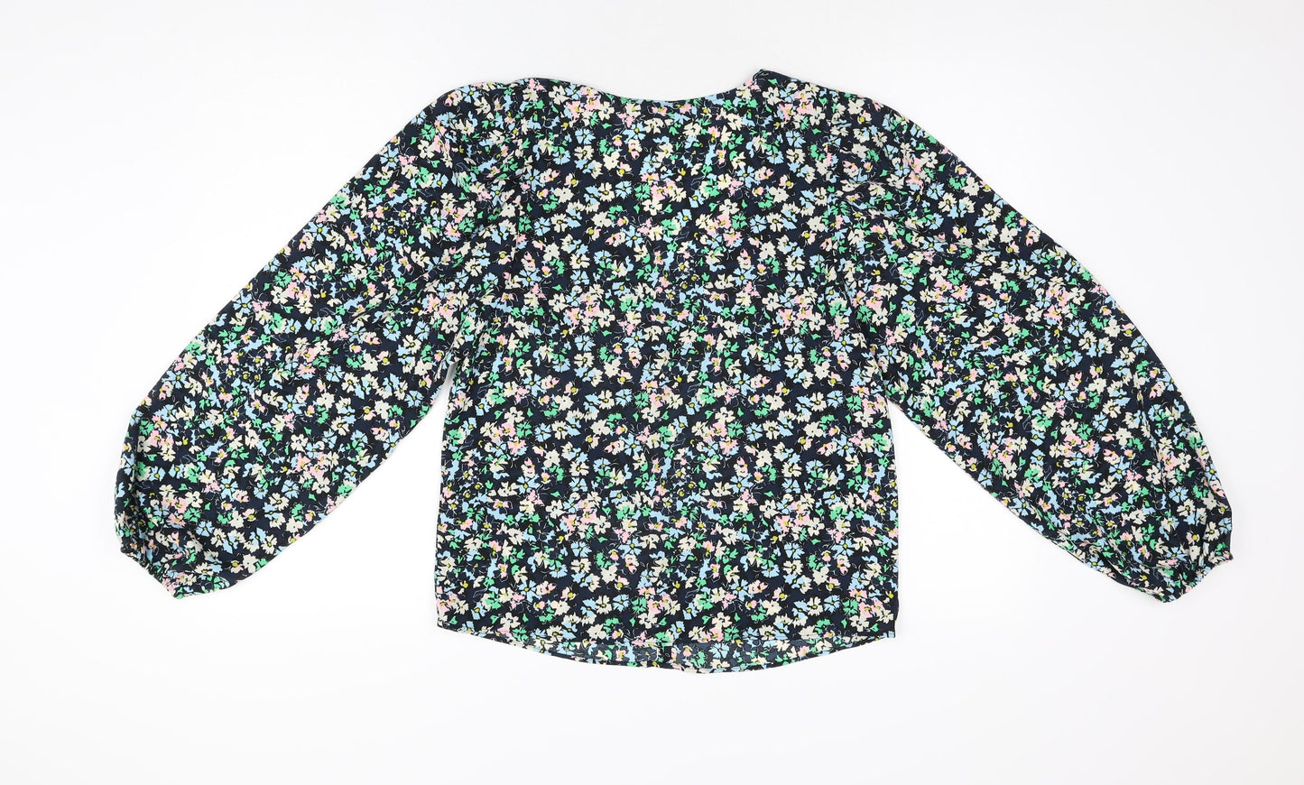 Marks and Spencer Womens Blue Floral Polyester Basic Blouse Size 8 V-Neck