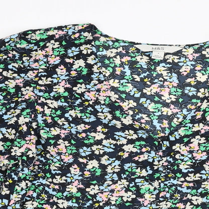 Marks & Spencer Womens Blue Floral Polyester Basic Blouse Size 8 V-Neck