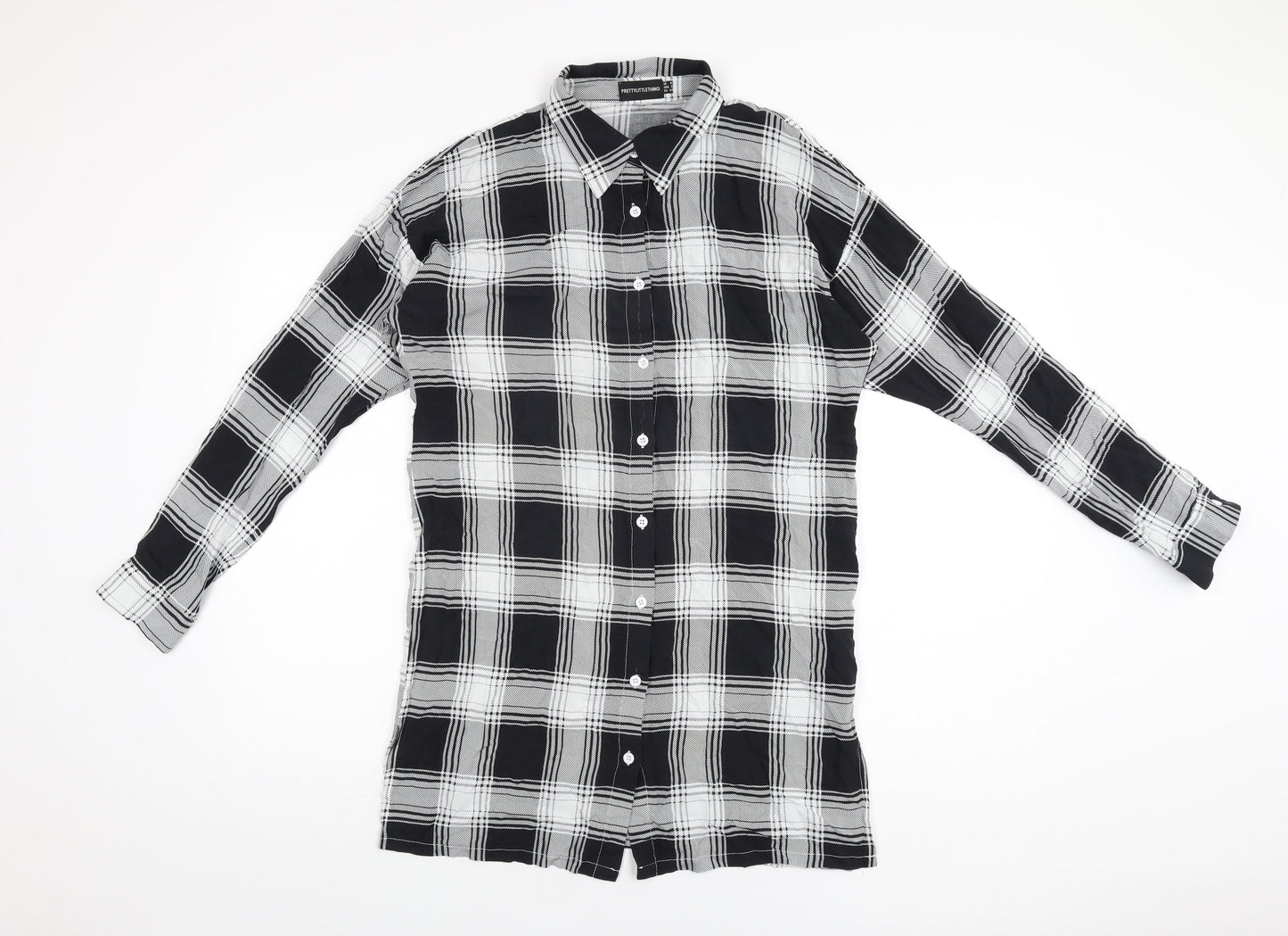 PRETTYLITTLETHING Womens Black Plaid Viscose Basic Button-Up Size 6 Collared