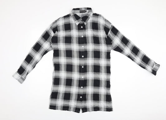 PRETTYLITTLETHING Womens Black Plaid Viscose Basic Button-Up Size 6 Collared