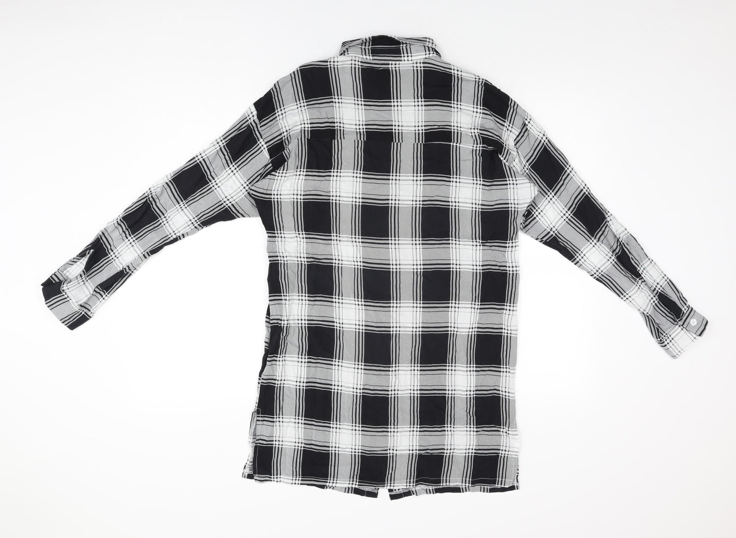 PRETTYLITTLETHING Womens Black Plaid Viscose Basic Button-Up Size 6 Collared