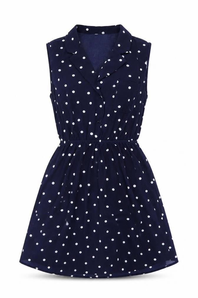 Monteau Girls Blue Polka Dot Polyester Skater Dress Size L Collared Button