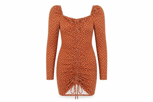 PRETTYLITTLETHING Womens Brown Polka Dot Polyester Bodycon Size 8 Sweetheart Pullover