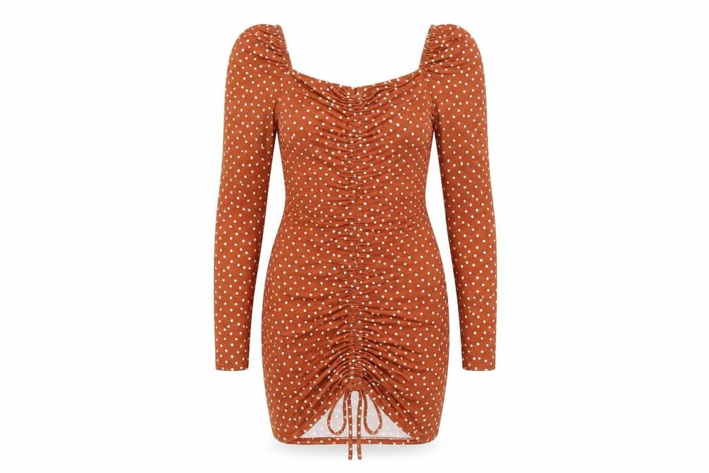 PRETTYLITTLETHING Womens Brown Polka Dot Polyester Bodycon Size 8 Sweetheart Pullover