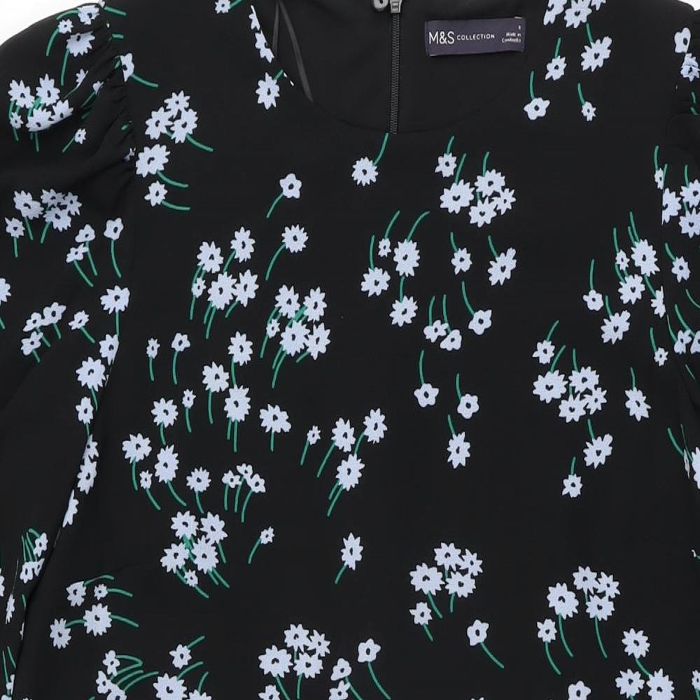 Marks and Spencer Womens Black Floral Polyester Shift Size 8 Round Neck Zip