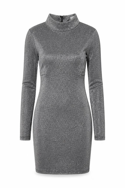 Front view of Missguided women’s silver polyester bodycon, size UK 8, high neck zip