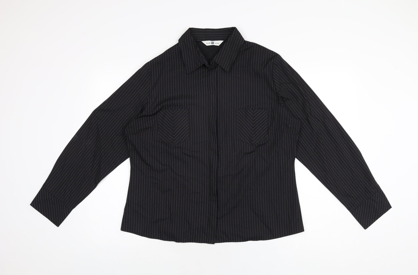 New Look Womens Black Striped Polyester Basic Button-Up Size 18 Collared