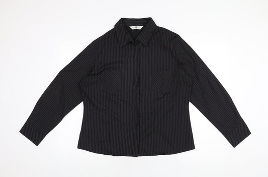 New Look Womens Black Striped Polyester Basic Button-Up Size 18 Collared