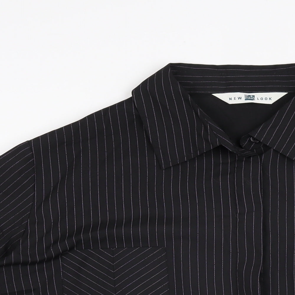 New Look Womens Black Striped Polyester Basic Button-Up Size 18 Collared