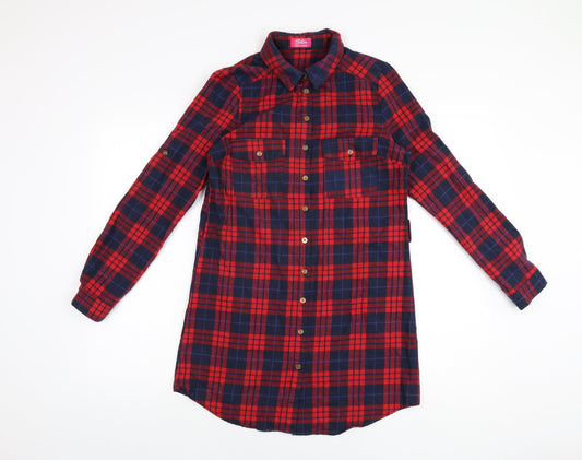 Skin Womens Red Plaid Polyester Shirt Dress Size 12 Collared Button