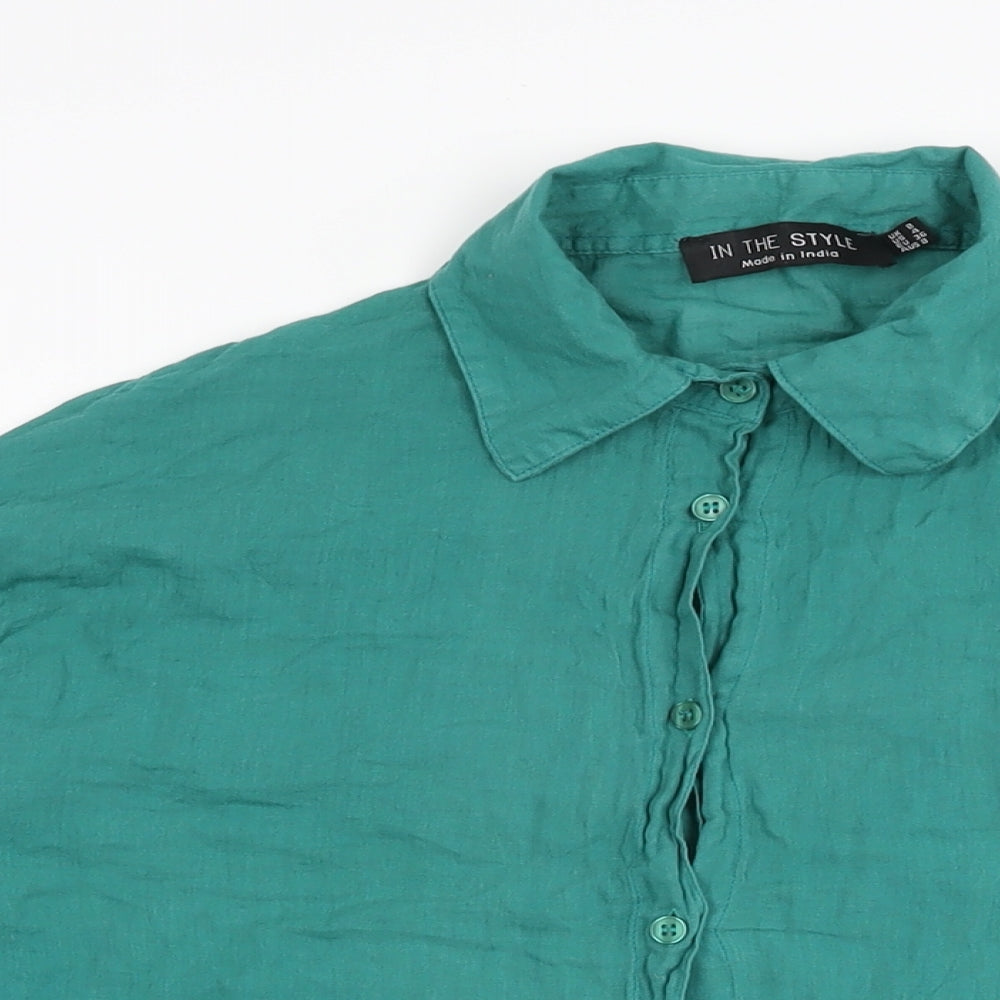 In the Style Womens Green Cotton Basic Button-Up Size 8 Collared