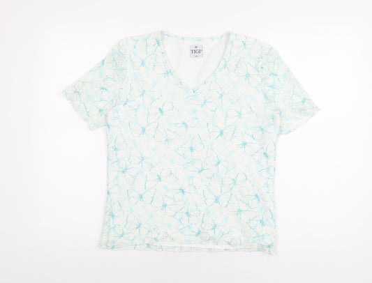TIGI Womens White Geometric Polyester Basic T-Shirt Size 10 V-Neck - Size 10-12