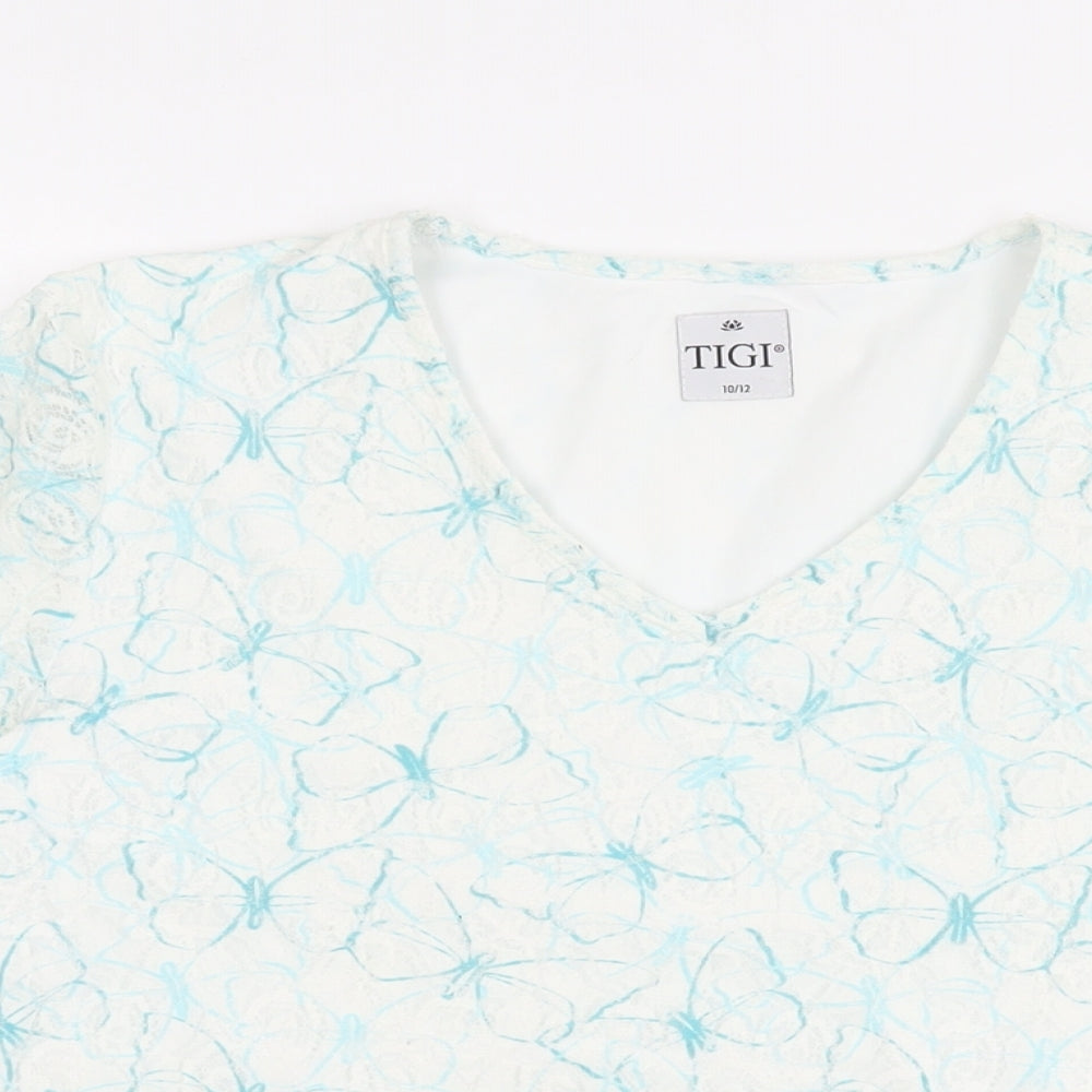 TIGI Womens White Geometric Polyester Basic T-Shirt Size 10 V-Neck - Size 10-12