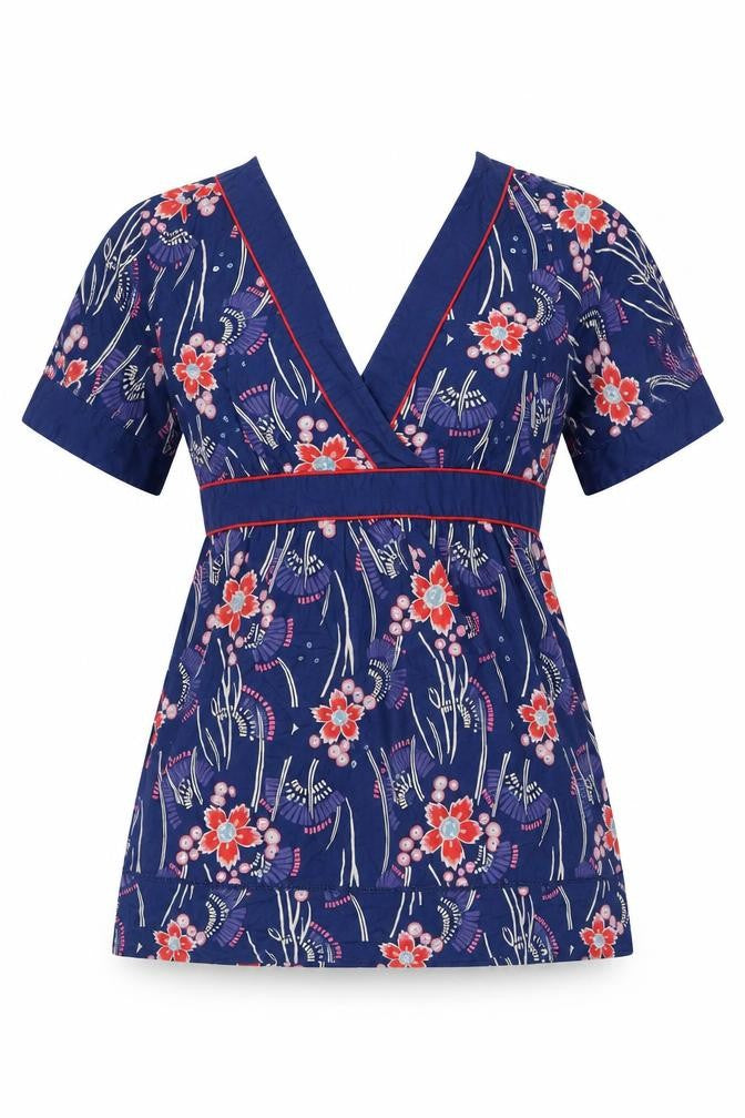Oasis Womens Blue Floral Cotton Basic Blouse Size 12 V-Neck