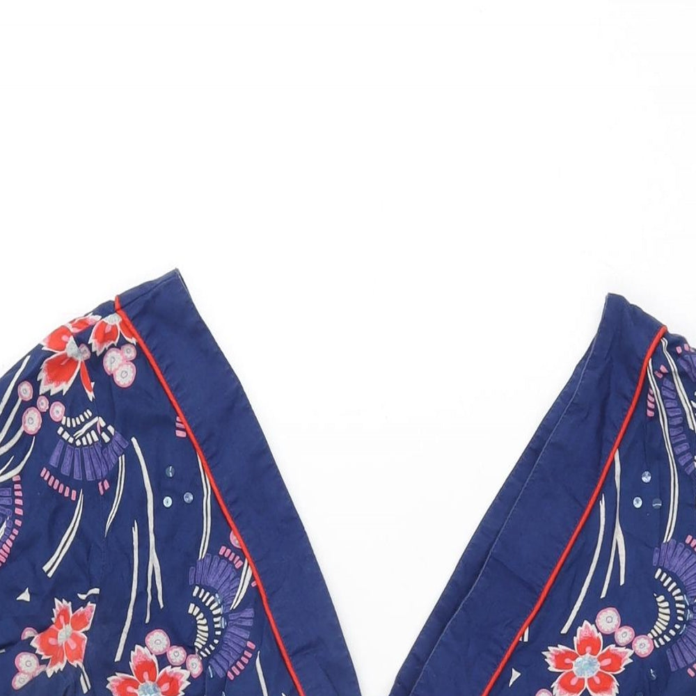 Oasis Womens Blue Floral Cotton Basic Blouse Size 12 V-Neck