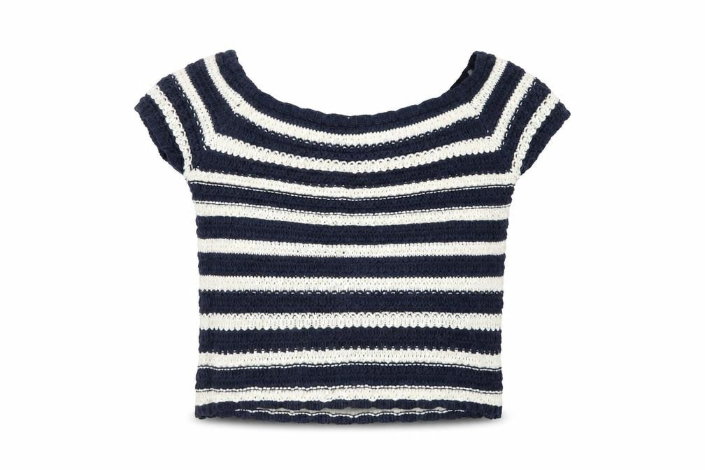 LU NYC Womens Blue Striped Acrylic Basic T-Shirt Size S Boat Neck