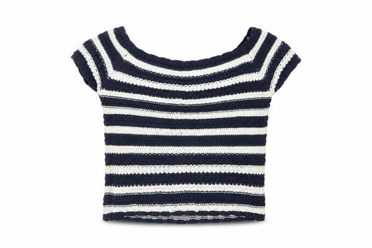LU NYC Womens Blue Striped Acrylic Basic T-Shirt Size S Boat Neck