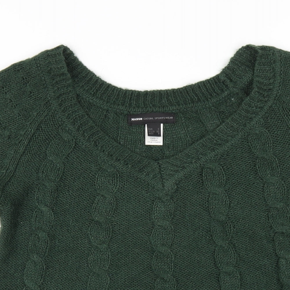 Mango Womens Green V-Neck Acrylic Pullover Jumper Size S