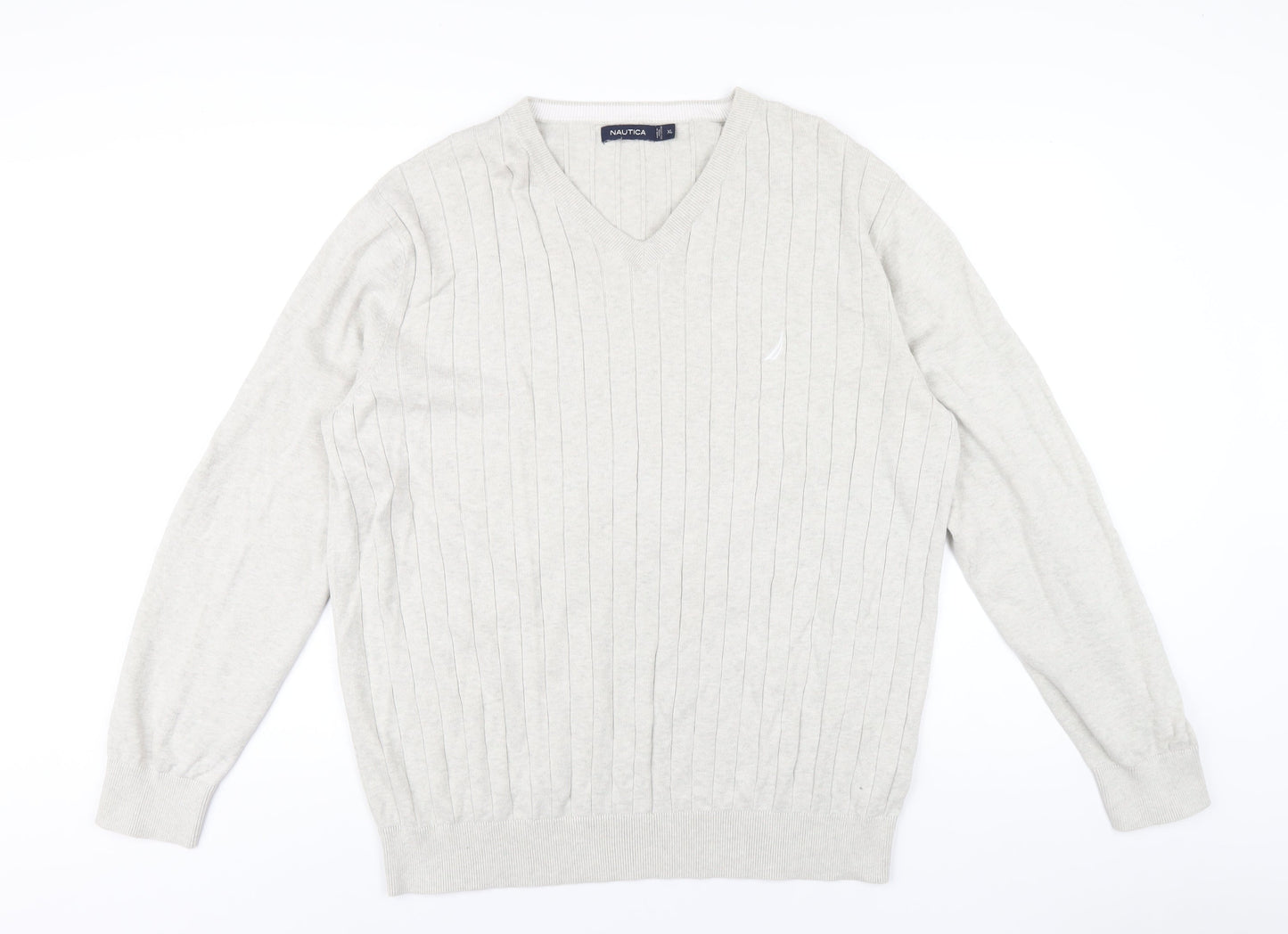Nautica Mens Beige V-Neck Cotton Pullover Jumper Size XL Long Sleeve