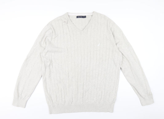 Nautica Mens Beige V-Neck Cotton Pullover Jumper Size XL Long Sleeve