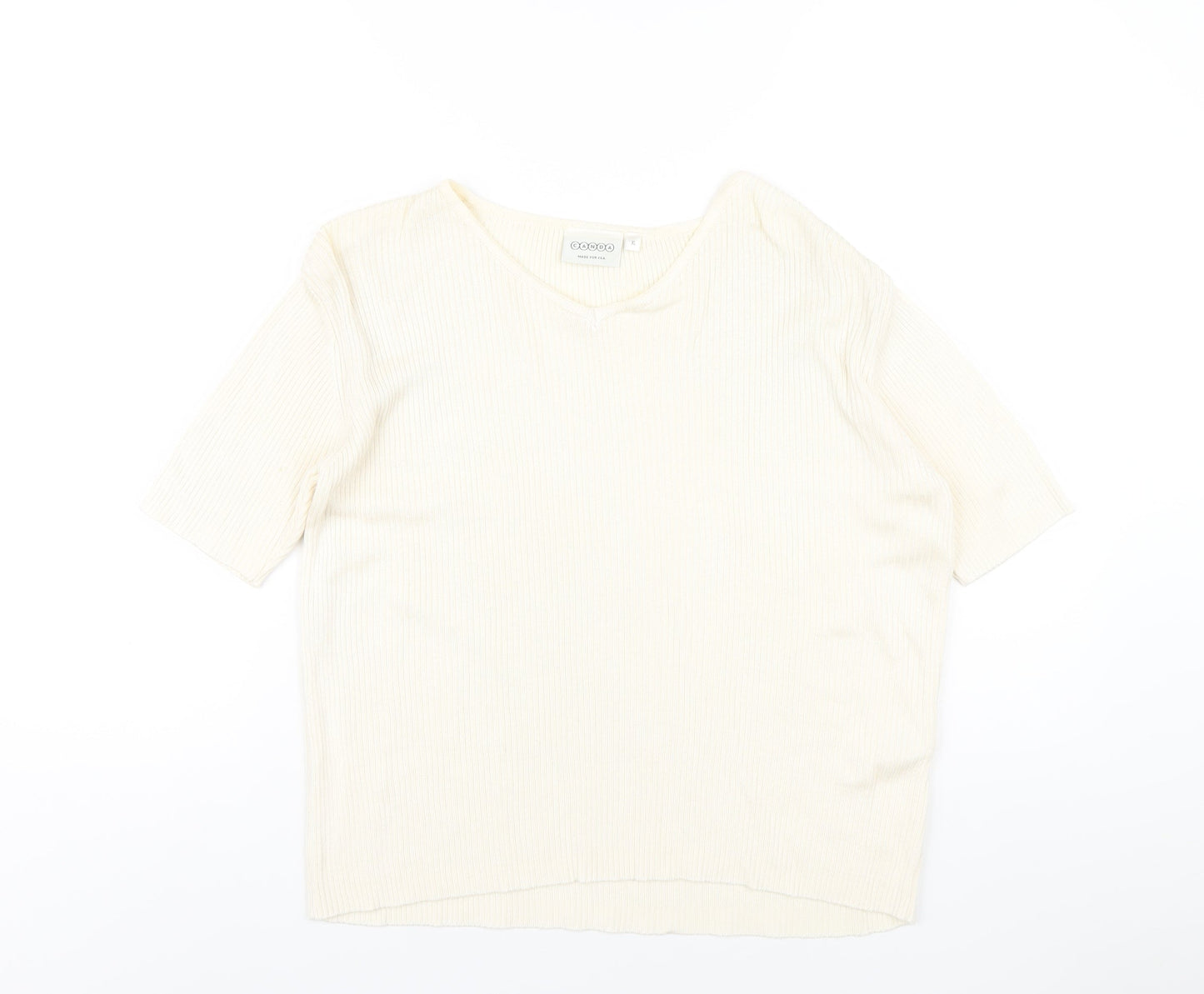 Canda Womens Ivory Cotton Basic T-Shirt Size XL V-Neck