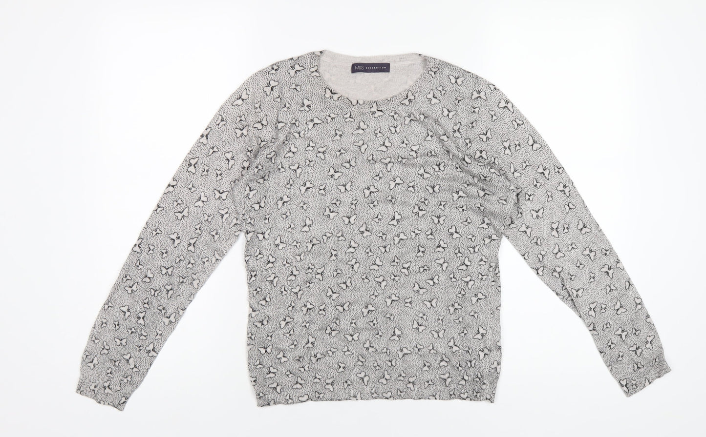 Marks and Spencer Womens Grey Round Neck Geometric Viscose Pullover Jumper Size 12