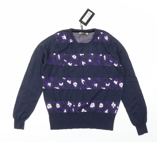 BiBA Womens Blue Round Neck Animal Print Nylon Pullover Jumper Size S - Leopard Pattern