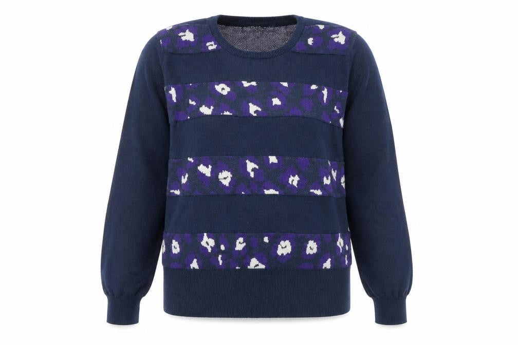 BiBA Womens Blue Round Neck Animal Print Nylon Pullover Jumper Size S - Leopard Pattern