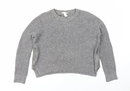 H&M Womens Grey Round Neck Cotton Pullover Jumper Size M - Zip Detail
