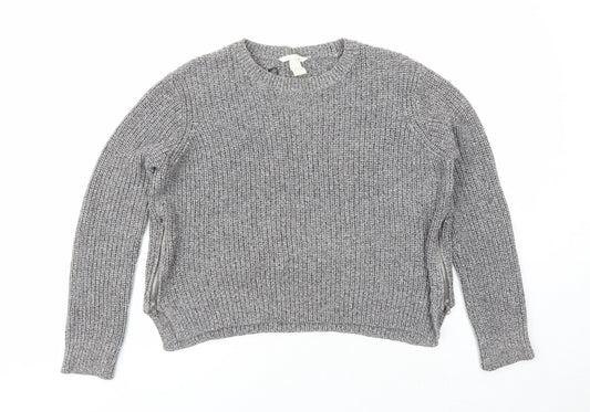H&M Womens Grey Round Neck Cotton Pullover Jumper Size M - Zip Detail
