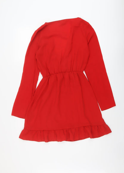 Back view of Miss Selfridge women’s red polyester a-line, size UK 8, v-neck pullover