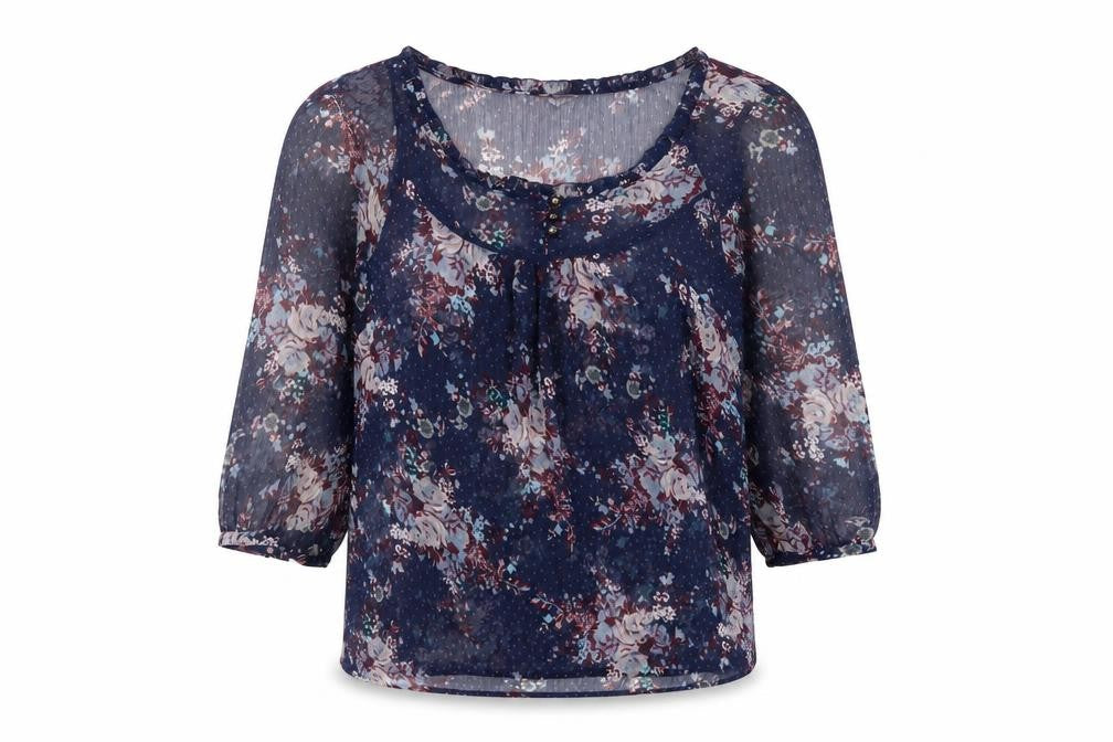 Indigo Womens Blue Floral Polyester Basic Blouse Size 10 Round Neck