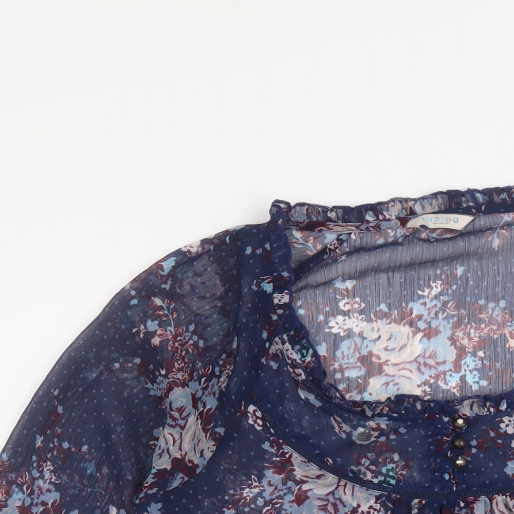 Indigo Womens Blue Floral Polyester Basic Blouse Size 10 Round Neck