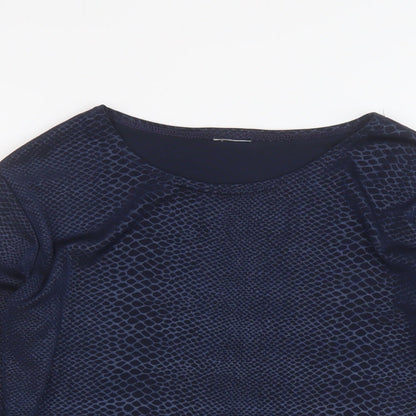 Close-up detail of C&A women’s blue animal print polyester basic t-shirt, size S, round neck