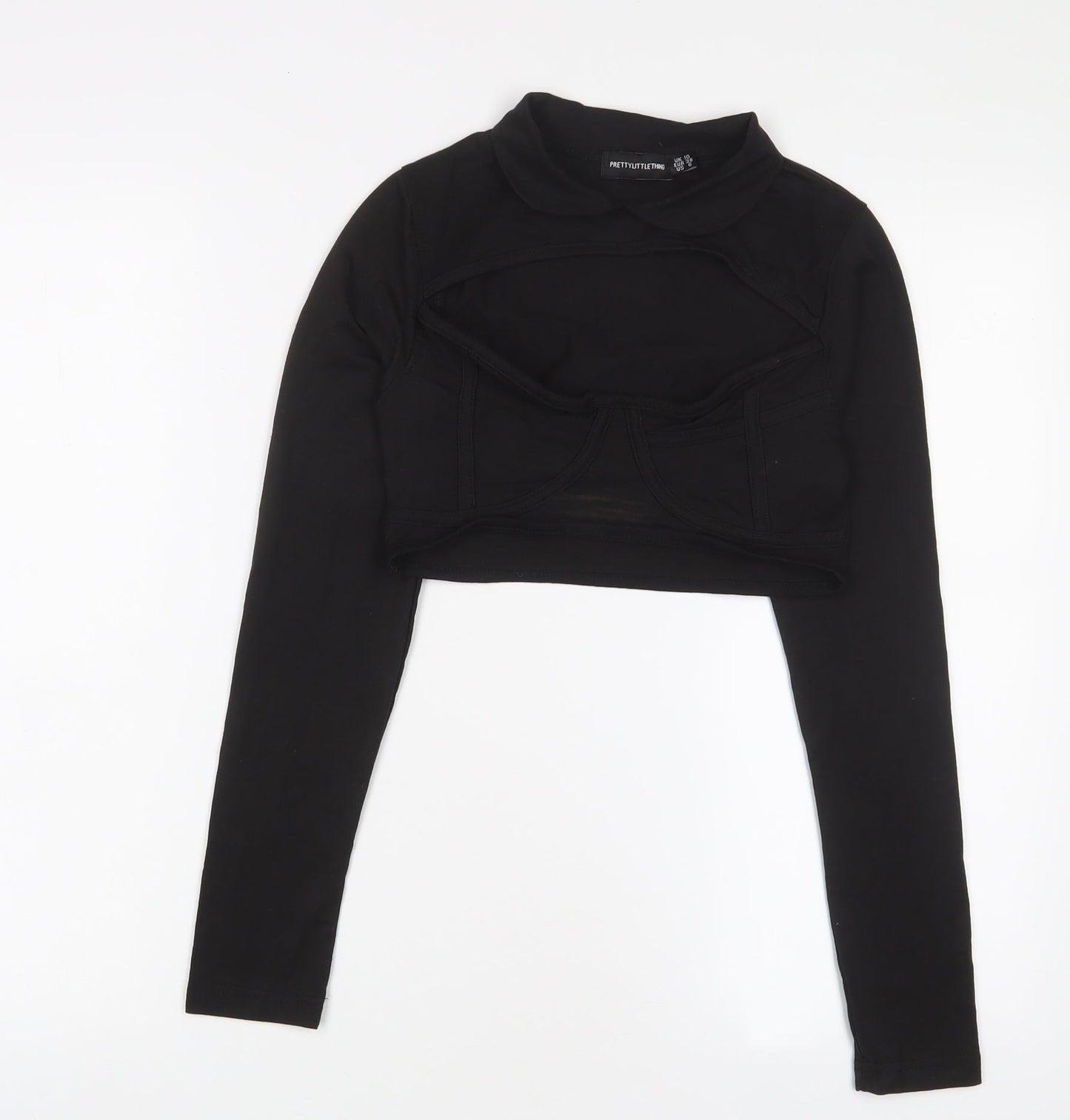 PRETTYLITTLETHING Womens Black Cotton Basic T-Shirt Size 10 Collared - Cut out