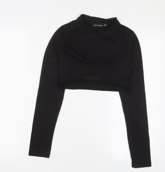 PRETTYLITTLETHING Womens Black Cotton Basic T-Shirt Size 10 Collared - Cut out