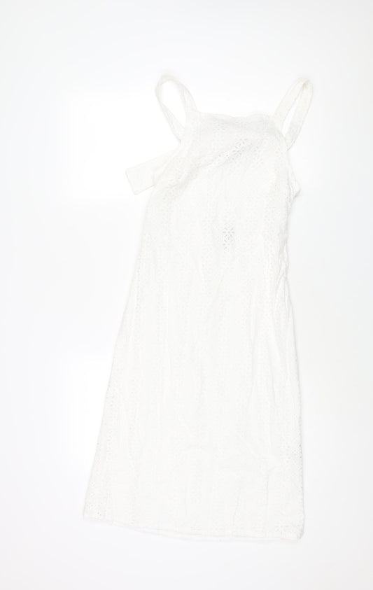 ASOS Womens White Cotton Shift Size 4 Square Neck Zip - Buckle Detail Floral Lace