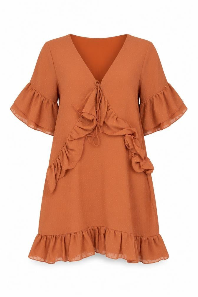 Boohoo Womens Brown Polyester A-Line Size 10 V-Neck Zip - Frill Bow